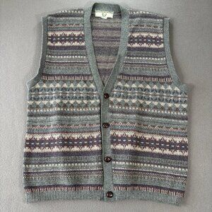 Vintage 90s Garoche knit Grandpa cardigan sweater Vest mens L Fair Isle Cabin